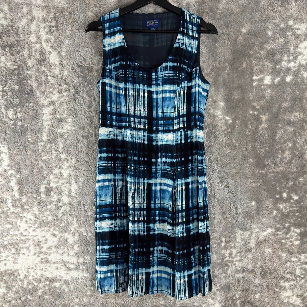 Pendleton Petite Sz 4p Abstract‎ Scoop Neck Fit Flared Dress Blue Sleeveless Zip